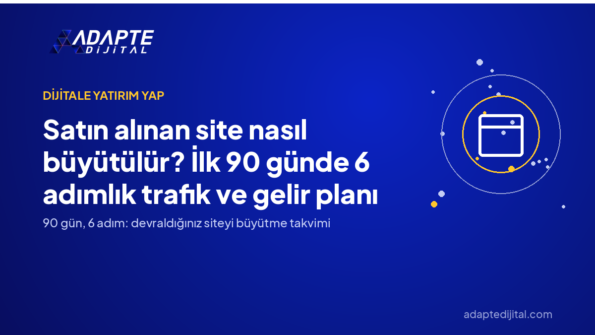 Satın alınan site nasıl büyütülür? İlk 90 günde 6 adımlık trafik ve gelir planı — Adapte Dijital kapak görseli