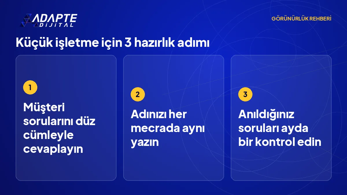 Küçük bir işletmenin 2027'ye doğru yapay zekâ cevaplarında anılmak için atabileceği üç hazırlık adımı.