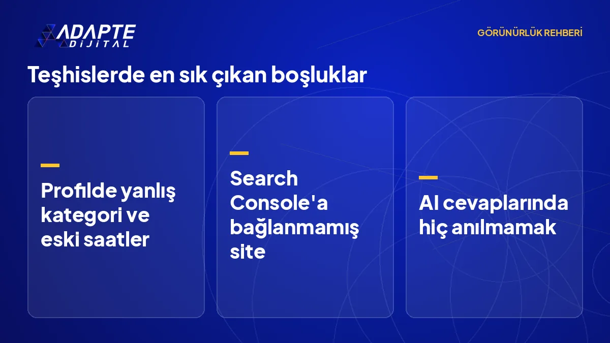 Teşhislerde en sık boşluk çıkan mecraları ve her birinde görülen tipik eksikleri listeleyen görsel