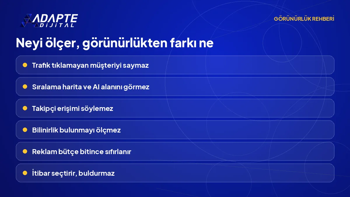 Altı kavramın neyi ölçtüğünü ve görünürlükten farkını gösteren karşılaştırma tablosu