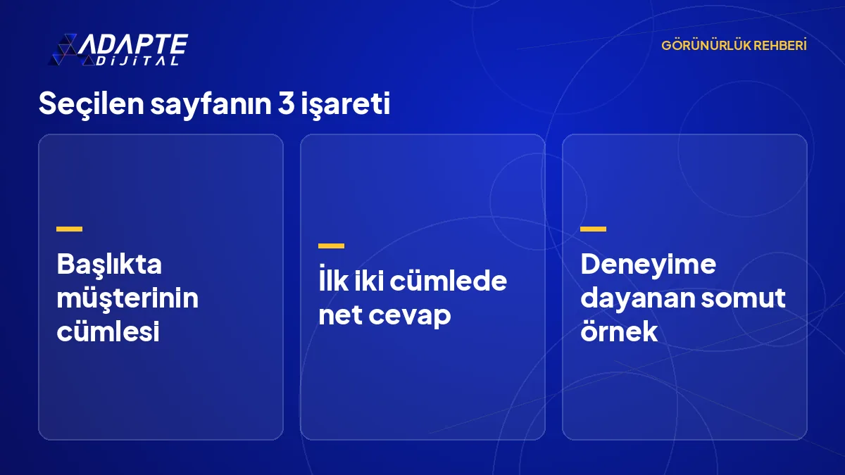 Müşterinin sorusuna cevap veren bir hizmet sayfasında bulunması gereken üç temel işareti gösteren liste.