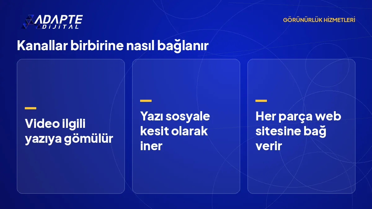 Görünürlük çalışmasında videonun yazıya, yazının sosyal medyaya ve hepsinin web sitesine bağlandığı üç yönlü bağ şeması