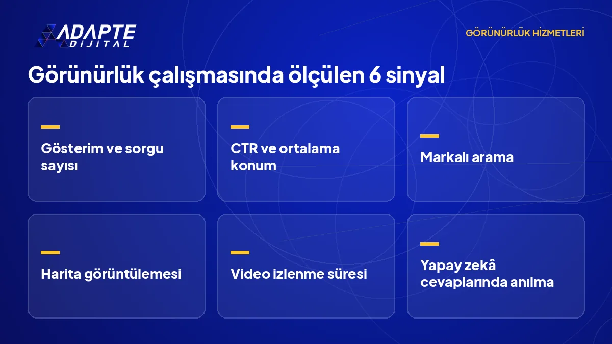 Görünürlük çalışmasında aylık raporda birlikte okunan gösterim, CTR, markalı arama ve AI anılma sinyalleri listesi