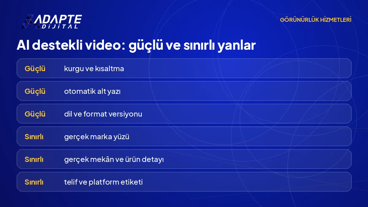 AI destekli videonun güçlü olduğu üç iş ve sınırlı kaldığı üç alan: kurgu, alt yazı, dil versiyonu ile yüz, mekân, telif.
