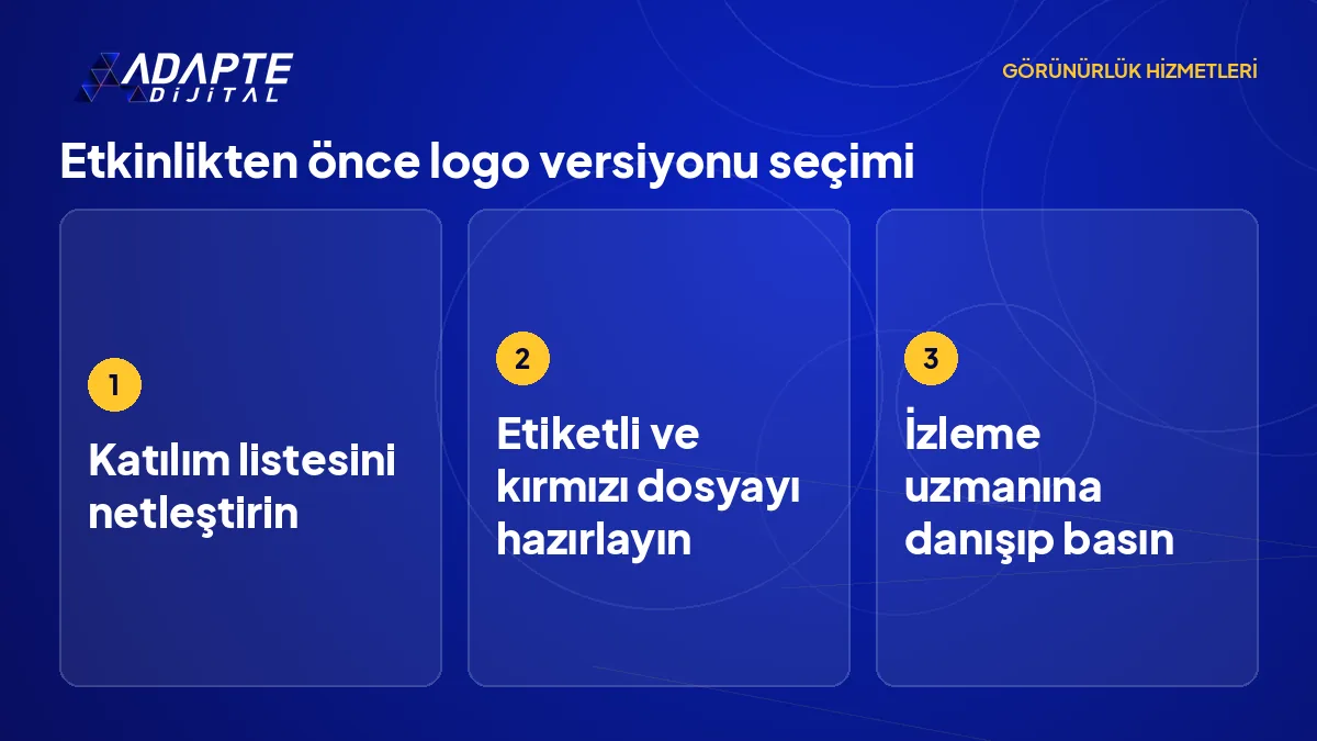 Etkinlik öncesi bakanlık logosu versiyonunu seçmek için katılım listesi, dosya ve onay adımları