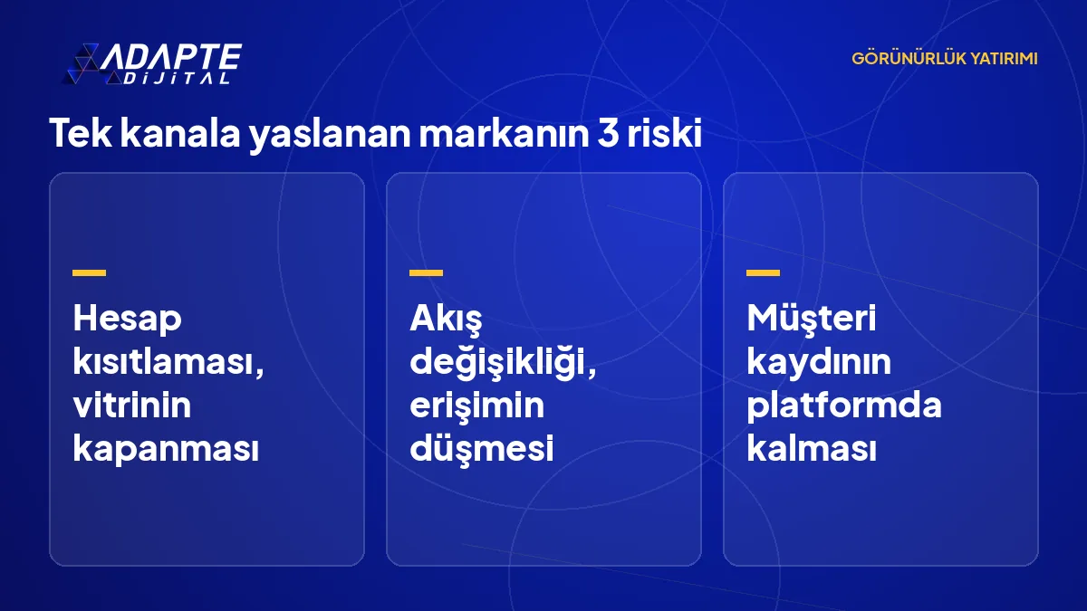 Yalnız Instagram'a yaslanan markanın hesap kısıtlaması, erişim düşüşü ve müşteri kaydı risklerini sıralayan liste.