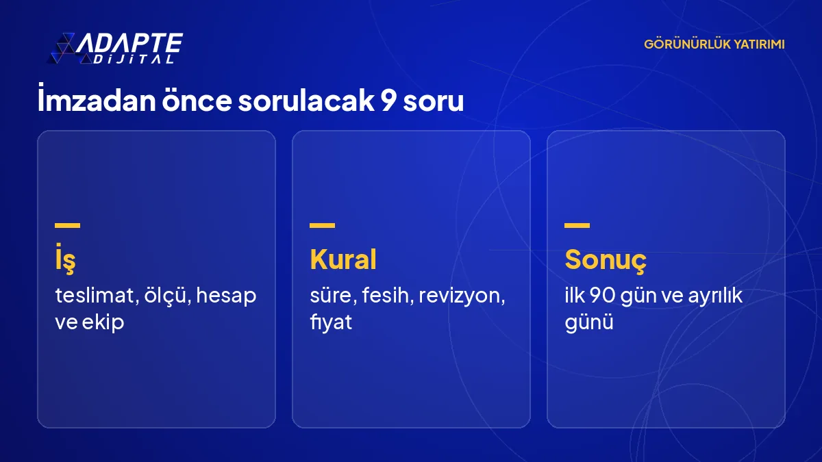 Görünürlük paketi seçerken sorulacak dokuz sorunun iş, kural ve sonuç olarak üç gruba ayrıldığını gösteren liste