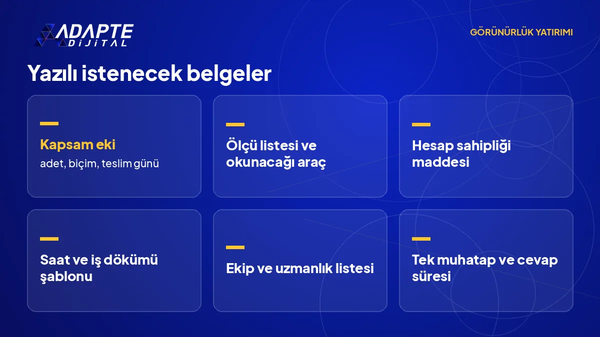 Ajansa imza atmadan önce teslimat, hesap sahipliği ve ekip için yazılı istenecek belgeleri gösteren liste