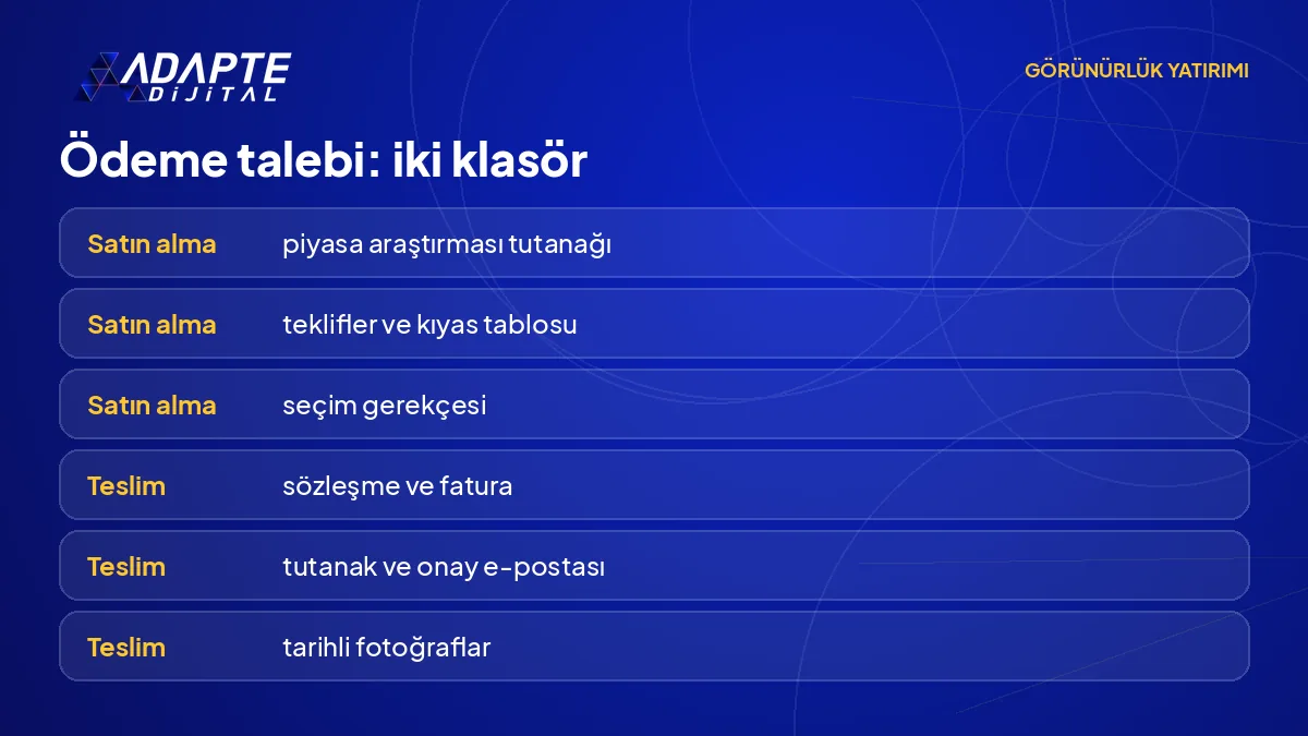 Görünürlük giderinin ödeme talebi için satın alma dosyası ve teslim dosyasında bulunacak belgeler
