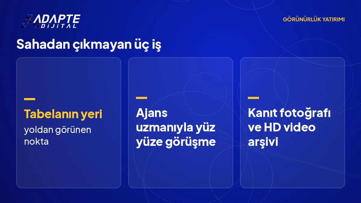 Uzaktan görünürlük hizmetinde sahada kalan üç iş: tabela yeri seçimi, ajans uzmanı görüşmesi ve kanıt fotoğrafı arşivi