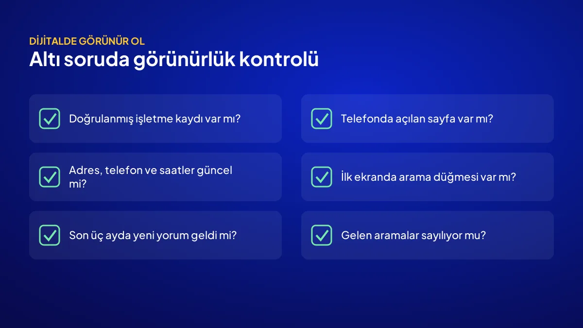 İşletmenin dijital görünürlüğünü kontrol etmek için altı soruluk öz değerlendirme listesi