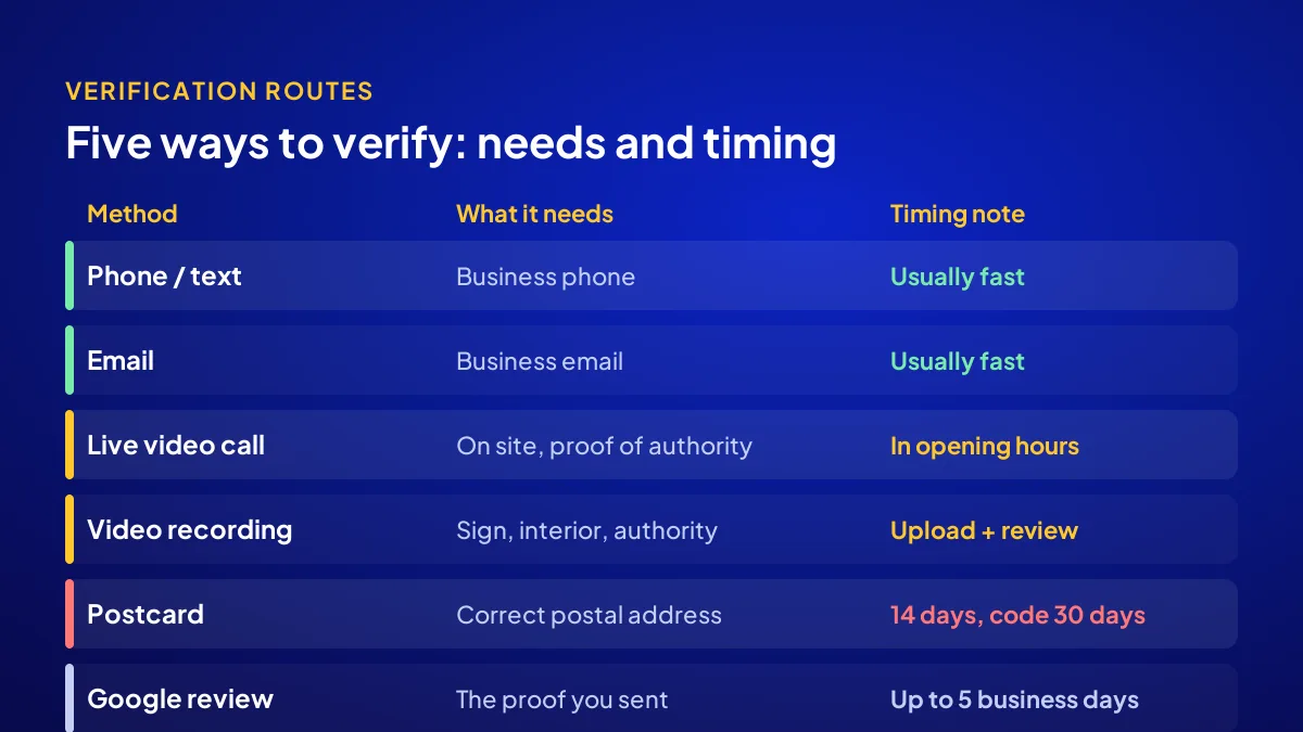 Comparison of Google Business Profile verification methods by required proof and timing