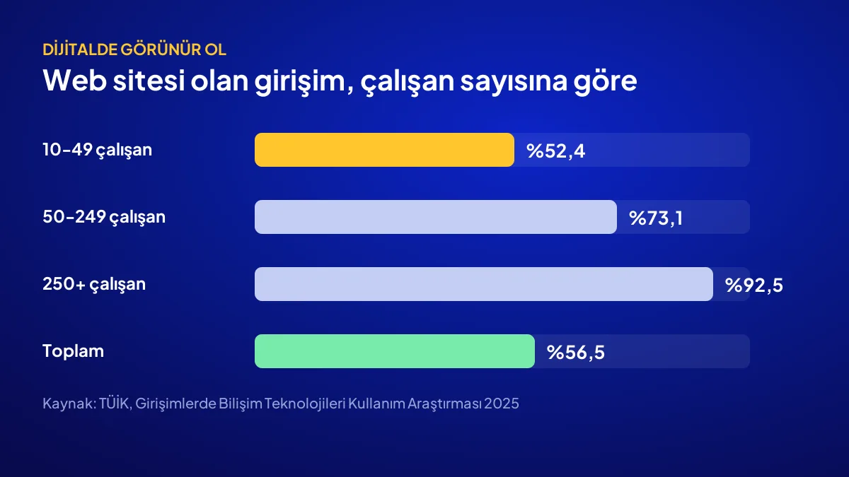 TÜİK 2025 verisine göre girişimlerde web sitesi sahipliğinin çalışan sayısına göre oranları