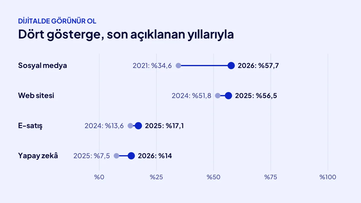 TÜİK verisine göre girişimlerde sosyal medya, web sitesi, e-satış ve yapay zekâ kullanım oranlarının yıllara göre değişimi