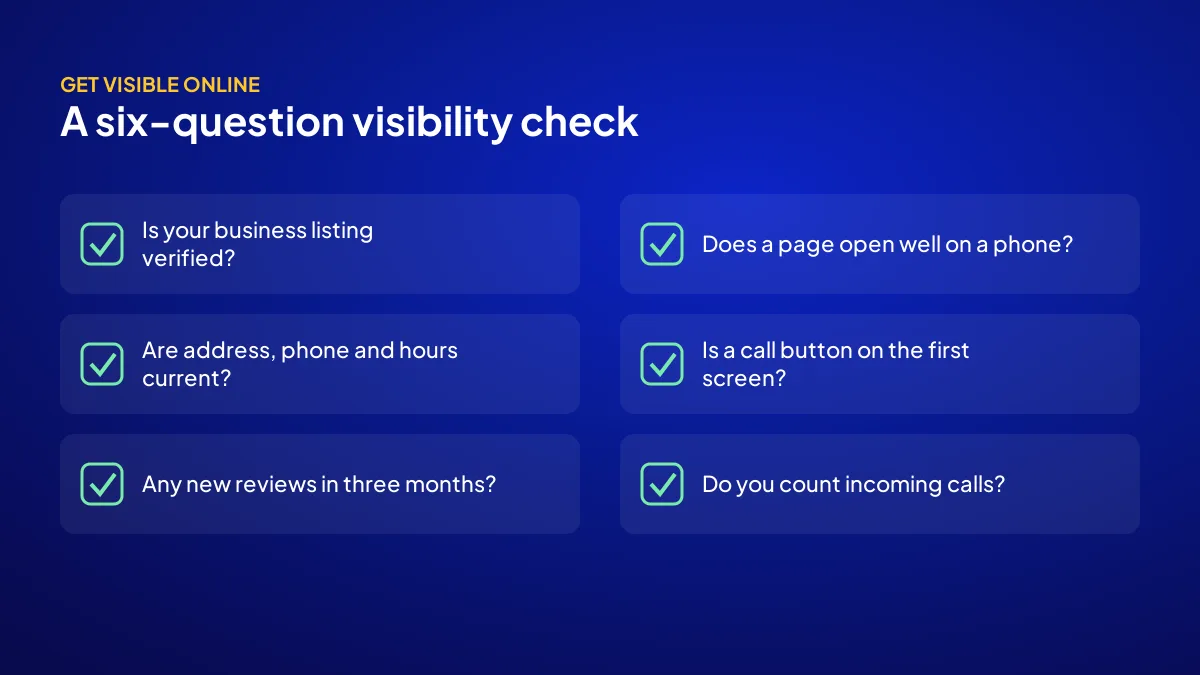 Six-question self-check list for a business to test its own online visibility