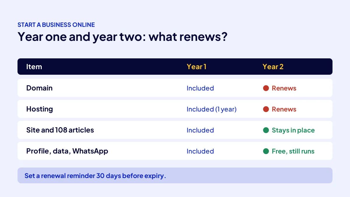 Cost of starting a business online in year one and year two: only domain and hosting renew, site and articles stay