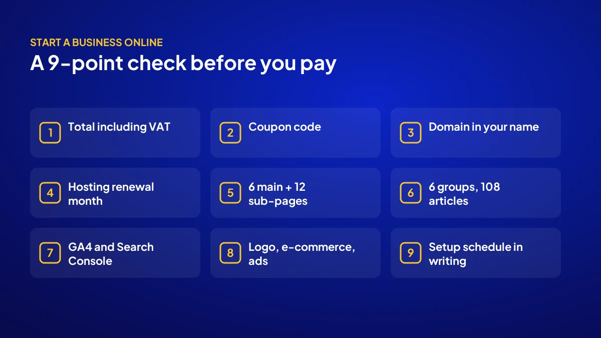 Nine-point cost and scope checklist before paying for a start a business online package