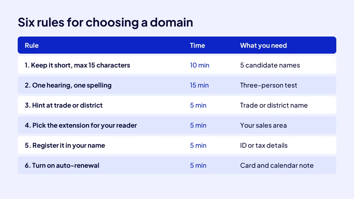Six rules for choosing a business domain name: a check table with time and what you need