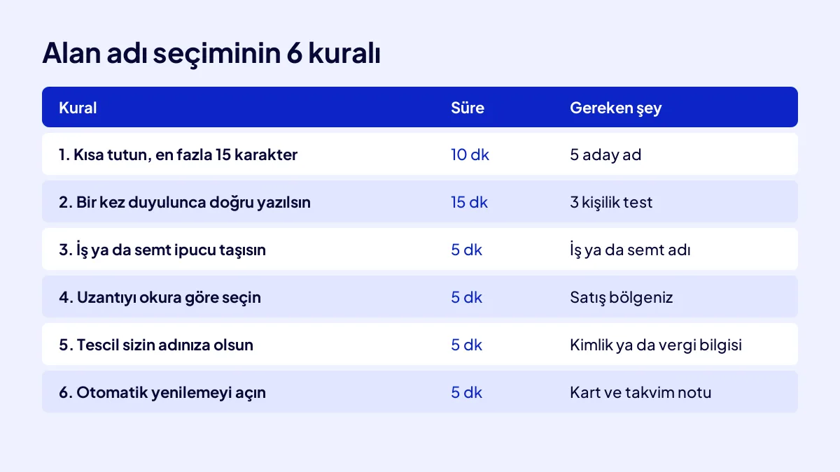 İşletme için alan adı seçiminin 6 kuralı: süre ve gereken şeylerle kontrol tablosu