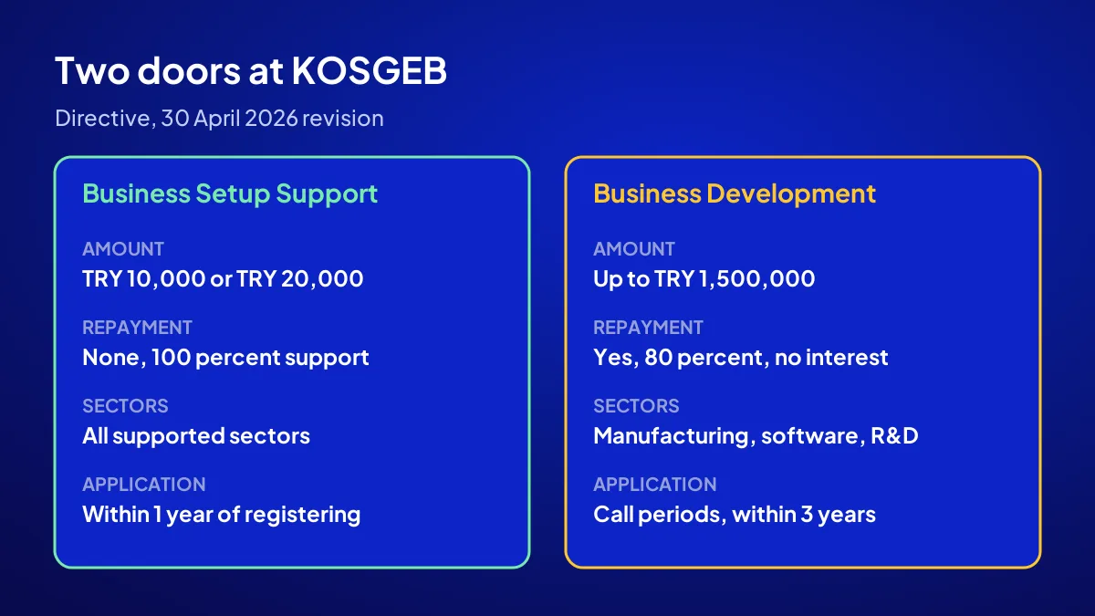 KOSGEB entrepreneur support compared: Business Setup and Business Development amounts, repayment and sectors