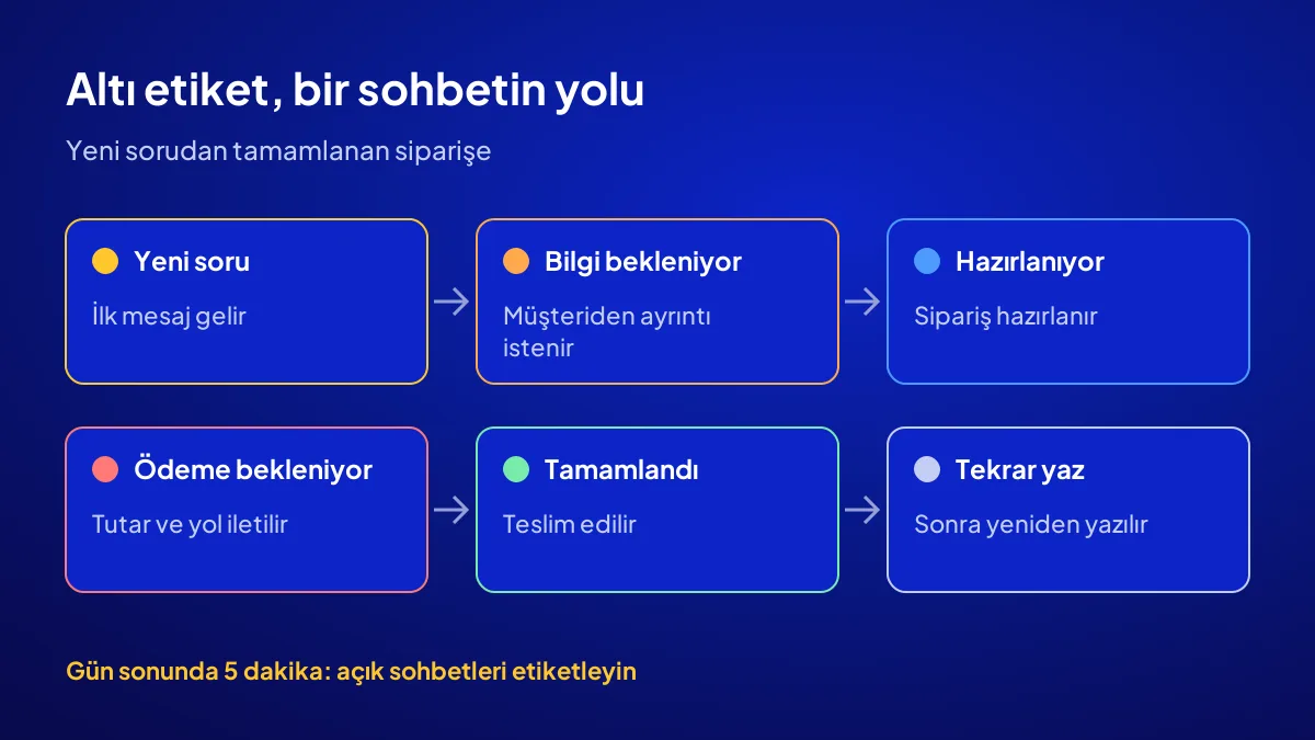 WhatsApp Business etiketleriyle sohbet akışı: yeni sorudan tamamlanan siparişe altı aşama