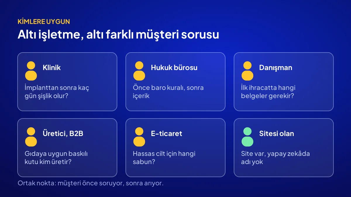 AI SEO kimlere uygun: klinik, hukuk bürosu, danışman, üretici, e-ticaret ve sitesi olan işletme profilleri