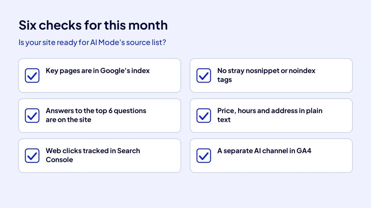 Six-point checklist a business can use this month to become a source in Google AI Mode