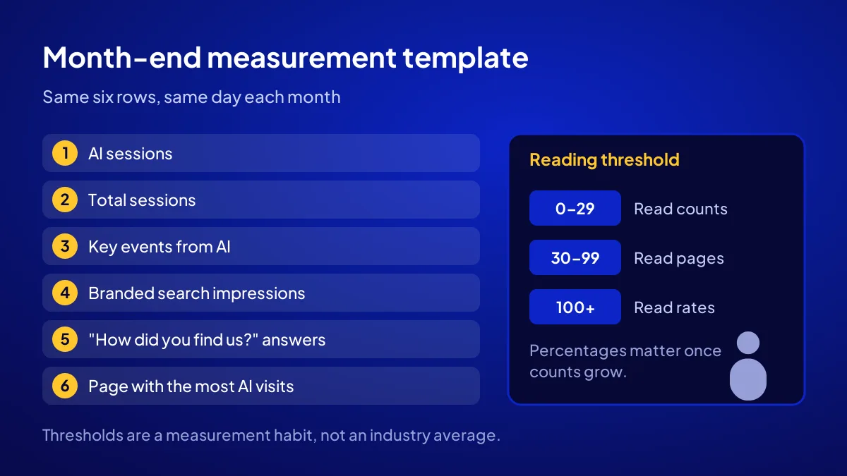 A six-row monthly template and reading thresholds for measuring AI traffic in GA4