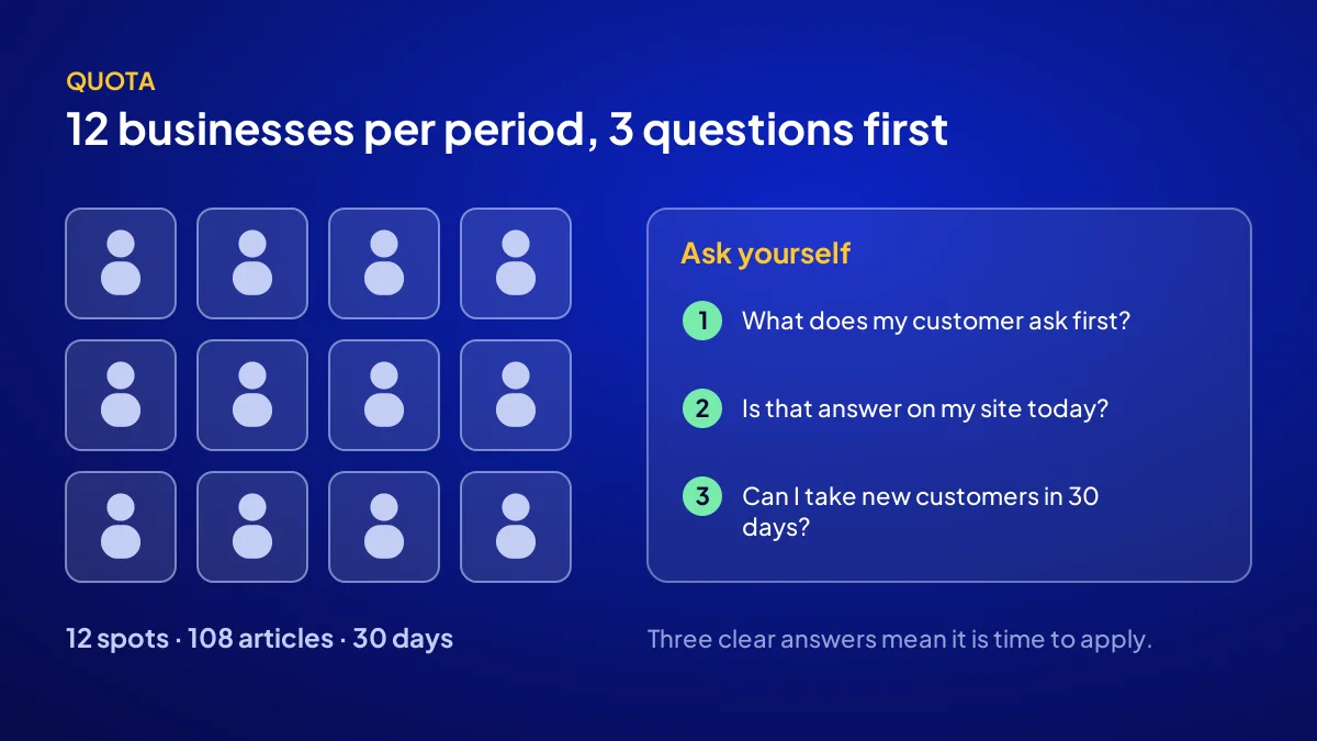 AI SEO campaign quota of 12 businesses per period and three questions to ask before applying