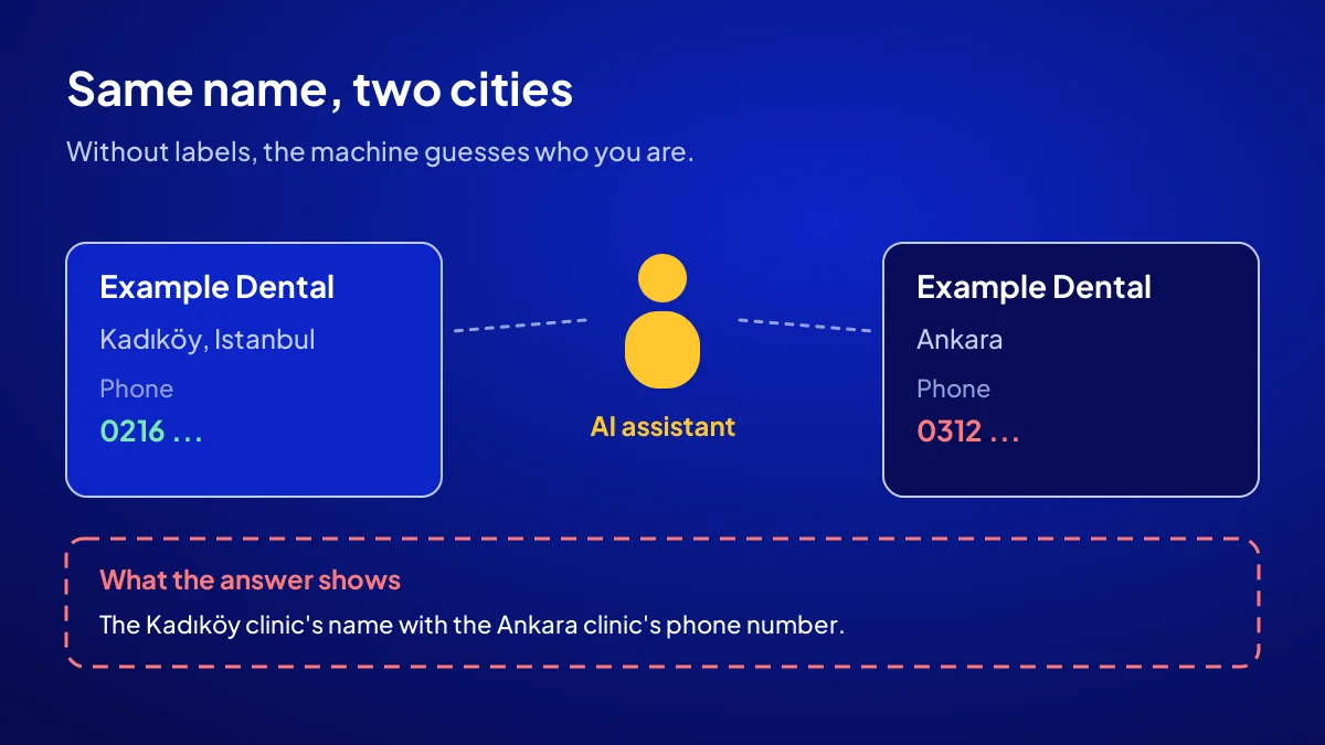 Without structured data, AI mixes up two businesses with the same name: a Kadıköy and an Ankara clinic