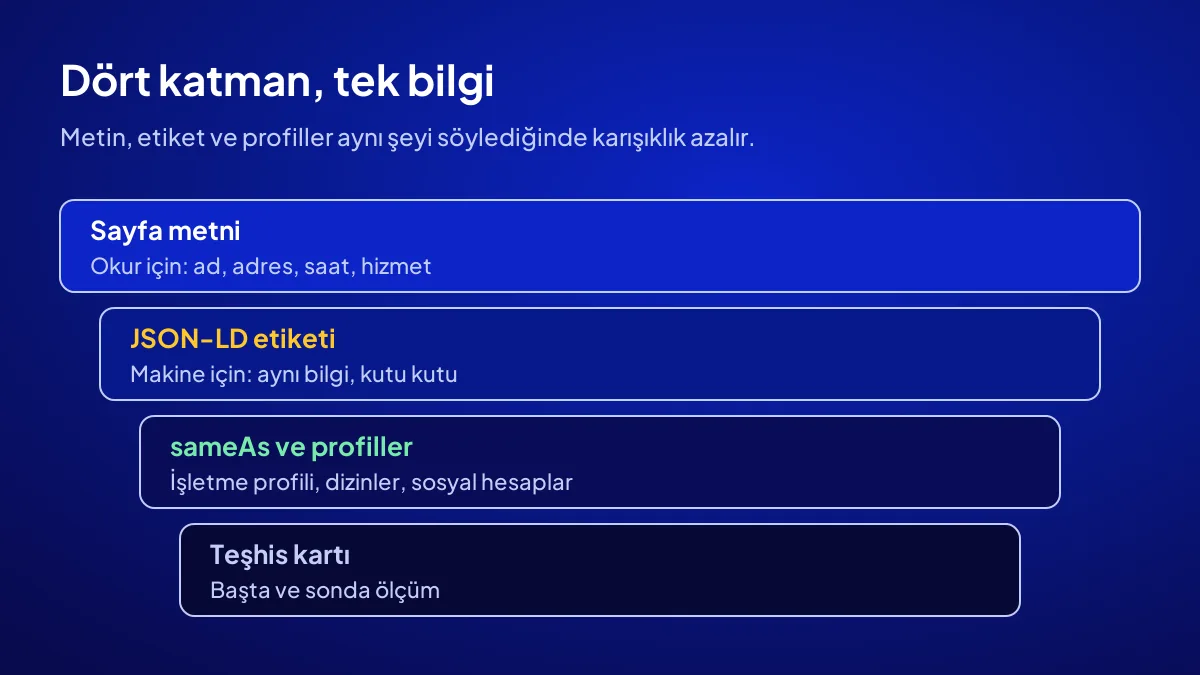 Yapısal verinin AI SEO zincirindeki yeri: sayfa metni, JSON-LD etiketi, sameAs profilleri ve teşhis katmanları