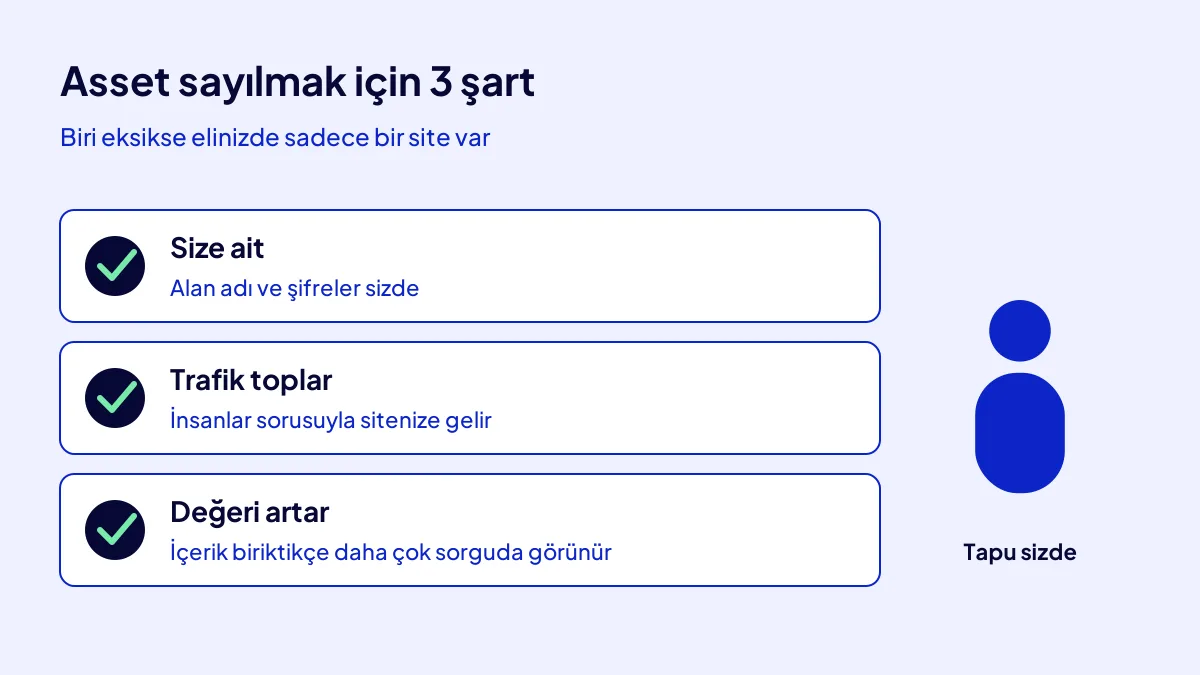Bir sitenin dijital asset sayılması için üç şart: size ait olmak, trafik toplamak ve değer artırmak