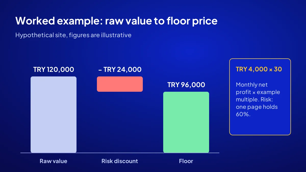 Website valuation calculation example: TRY 4,000 net profit, example multiple and risk discount to a floor price