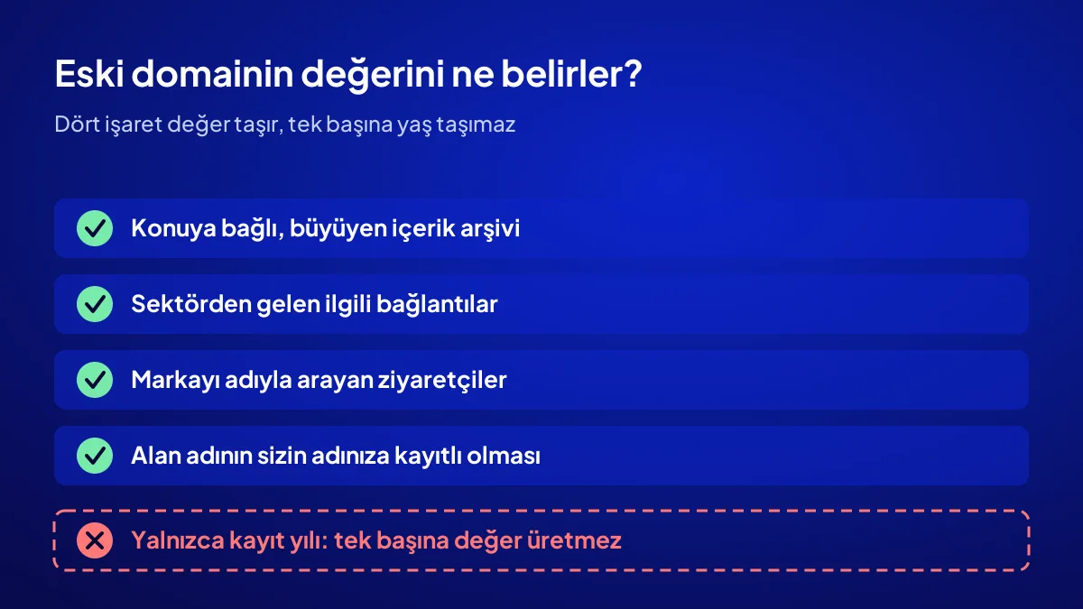 Eski domainin değerini yaşın değil içerik, bağlantı ve sahipliğin belirlediğini gösteren kontrol listesi