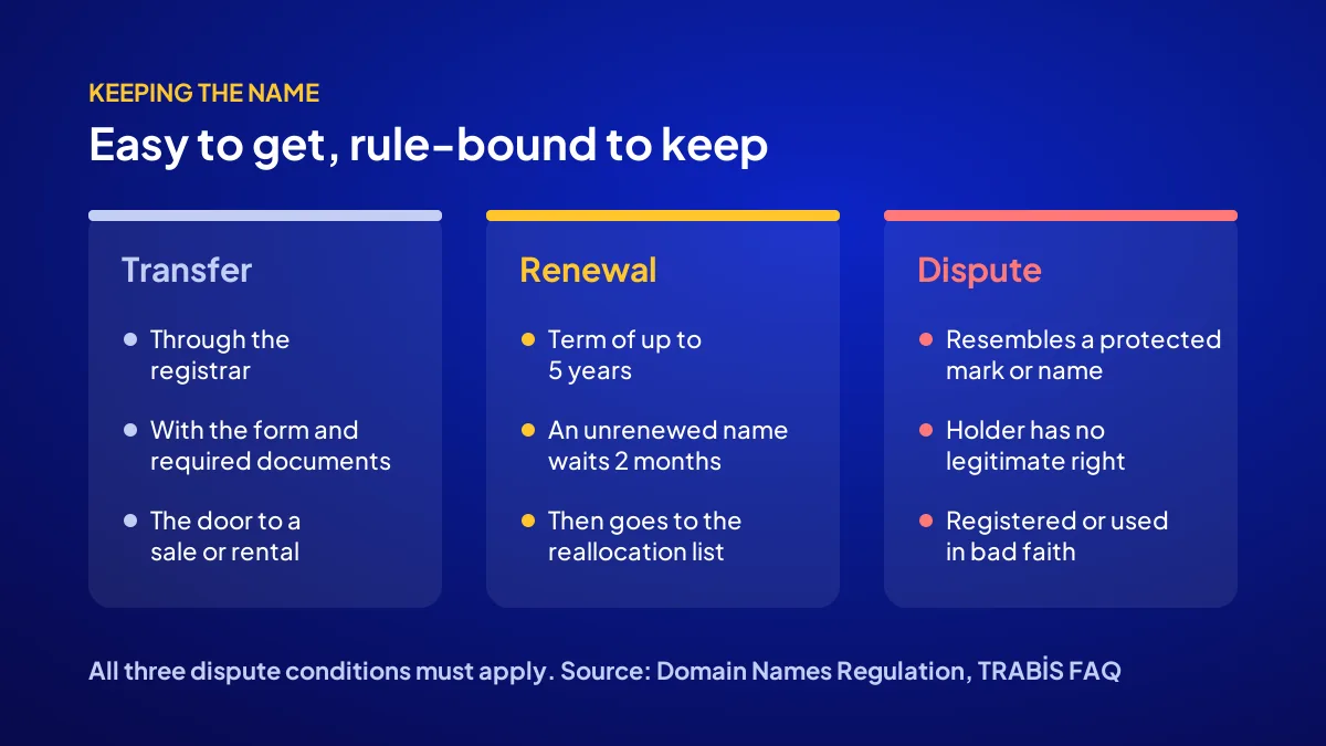 Rules for keeping a .tr domain: transfer, the two-month reallocation period and three conditions in a dispute