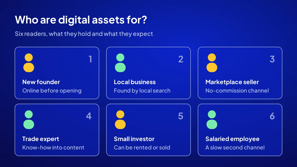 Who digital assets are for: six reader profiles including new founders, local businesses and small investors