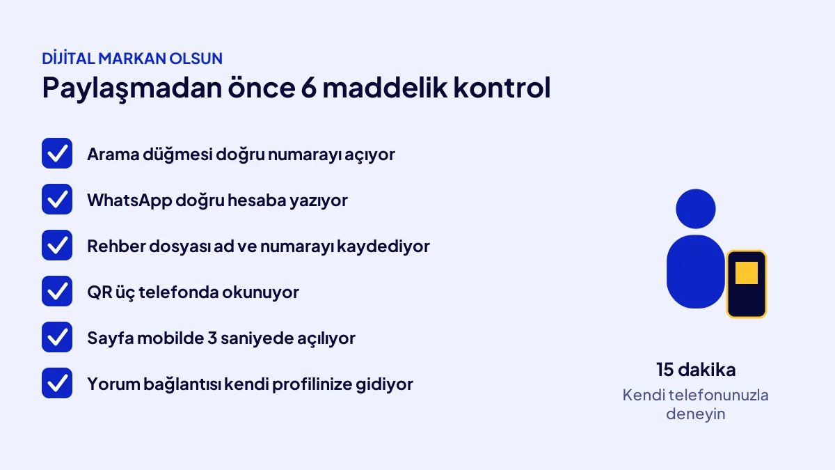 Dijital kartvizit yayın öncesi kontrol listesi: arama, WhatsApp, rehber dosyası, QR kod, hız ve yorum bağlantısı