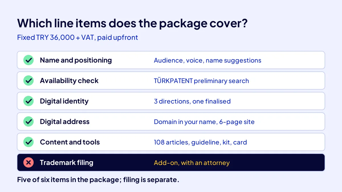 Line items covered by the digital brand package: consultancy, availability check, identity, website and 108 articles
