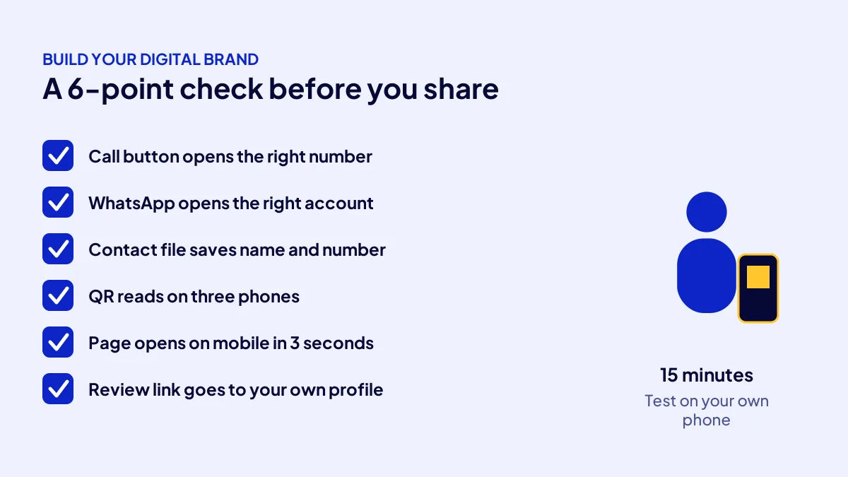 Digital business card pre-launch checklist: call, WhatsApp, contact file, QR code, speed and review link