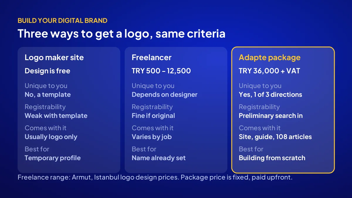 Logo design price comparison of a logo maker site, a freelancer and Adapte's package by cost and delivery