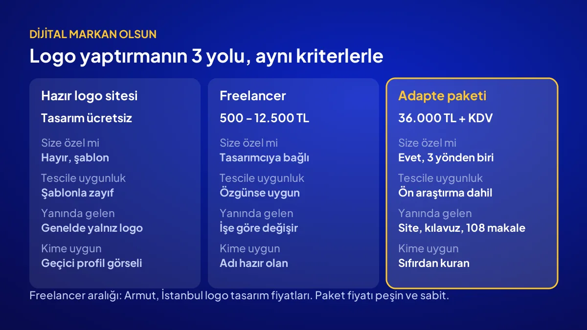 Logo yaptırmak için hazır logo sitesi, freelancer ve Adapte paketinin fiyat ve teslimat kıyası