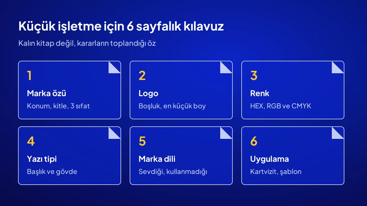 Küçük işletme için 6 sayfalık marka kılavuzu: marka özü, logo, renk, yazı tipi, marka dili ve uygulamalar