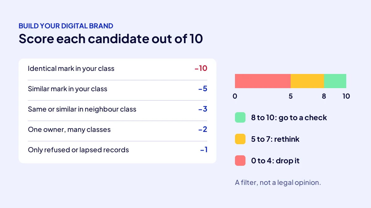 Trademark search scoring table: a candidate's score out of 10 and the decision based on TÜRKPATENT findings