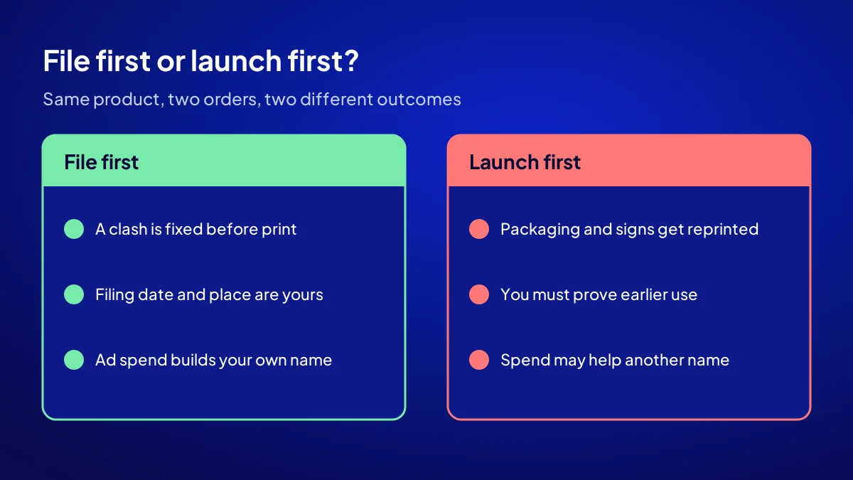 Trademark timing compared: filing before launch versus launching first, name clash and total cost