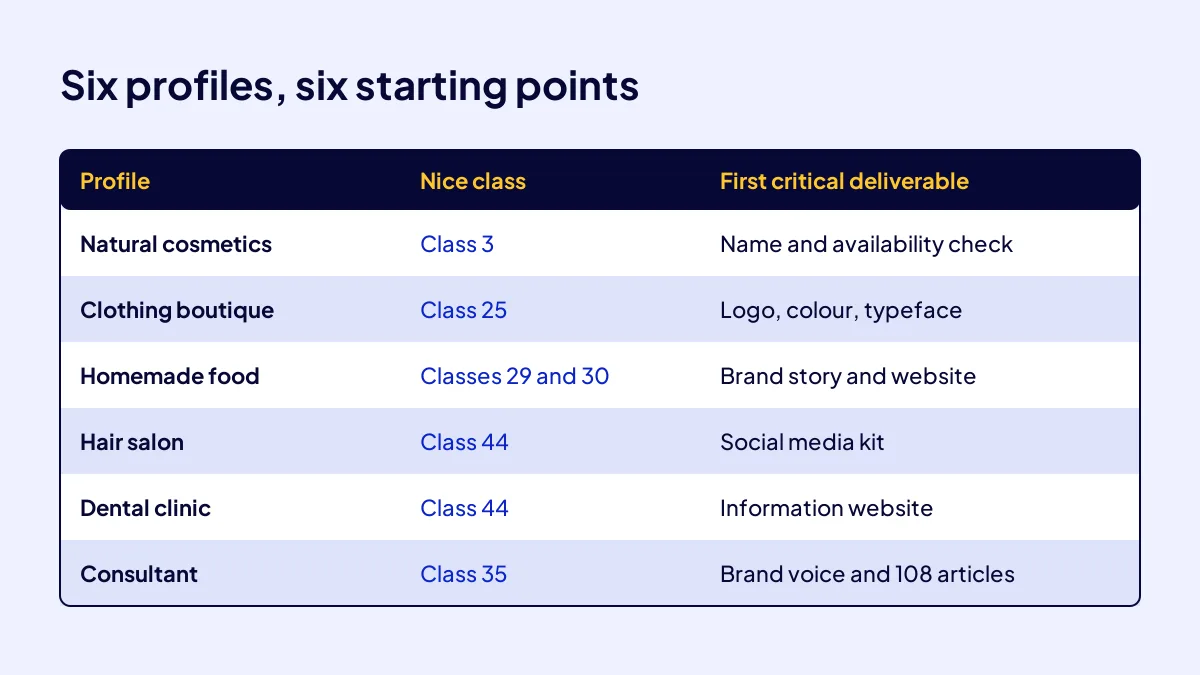 Table of six digital brand profiles showing brand type, Nice class and first critical deliverable