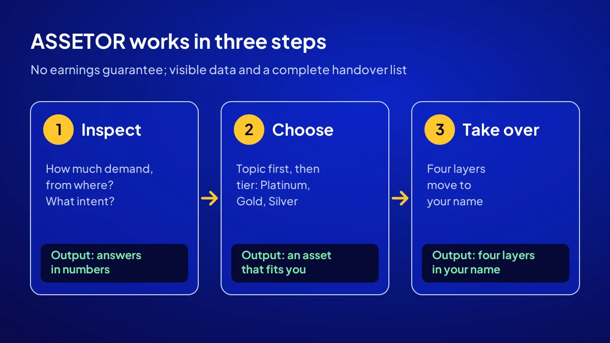 How ASSETOR works: flow of the inspect, choose and take over steps and what each step delivers