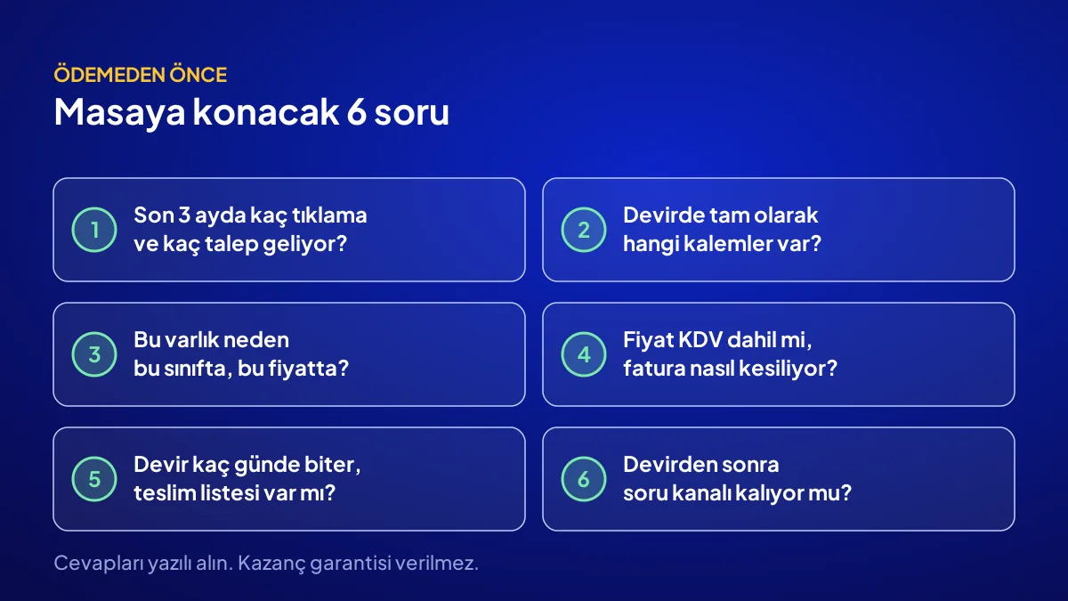Hazır web sitesi satın almadan önce sorulacak 6 sorunun kontrol listesi: talep, devir, sınıf, KDV, süre, destek