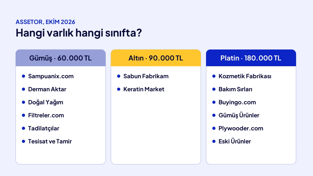 ASSETOR dijital varlık sınıflarında listelenen e-ticaret, üretim ve hizmet varlıklarının sınıf haritası