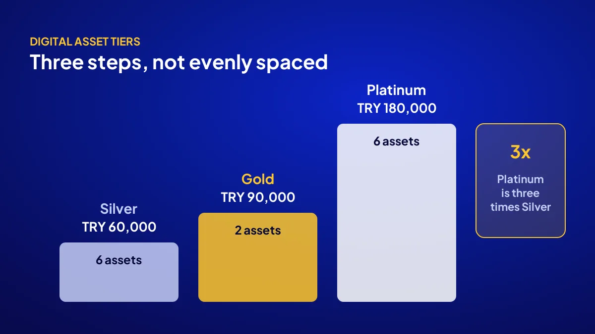 Digital asset tiers staircase: Silver TRY 60,000, Gold TRY 90,000, Platinum TRY 180,000 with asset counts