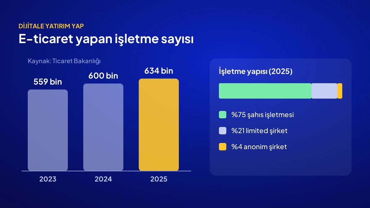 Türkiye'de e-ticaret yapan işletme sayısı 2023-2025: 559 bin, 600 bin ve 634 bin işletme